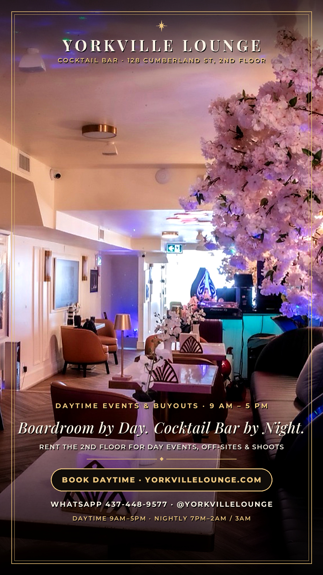 Daytime Events & Buyouts poster — Boardroom by Day. Cocktail Bar by Night., 9:00 AM – 5:00 PM (By Appointment)